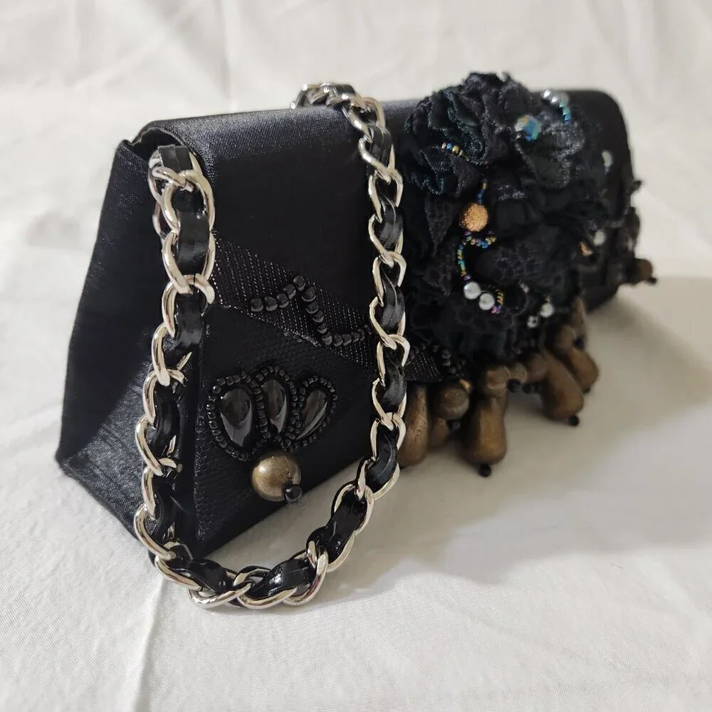 Women Vintage Small Black Satin Beaded Evening Shoulder Clutch Bag Formal Party